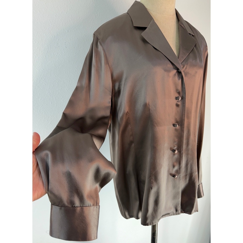 Vintage Starington 100% Silk Button Front Top Tan Brown Timeless Minimalist Luxe
